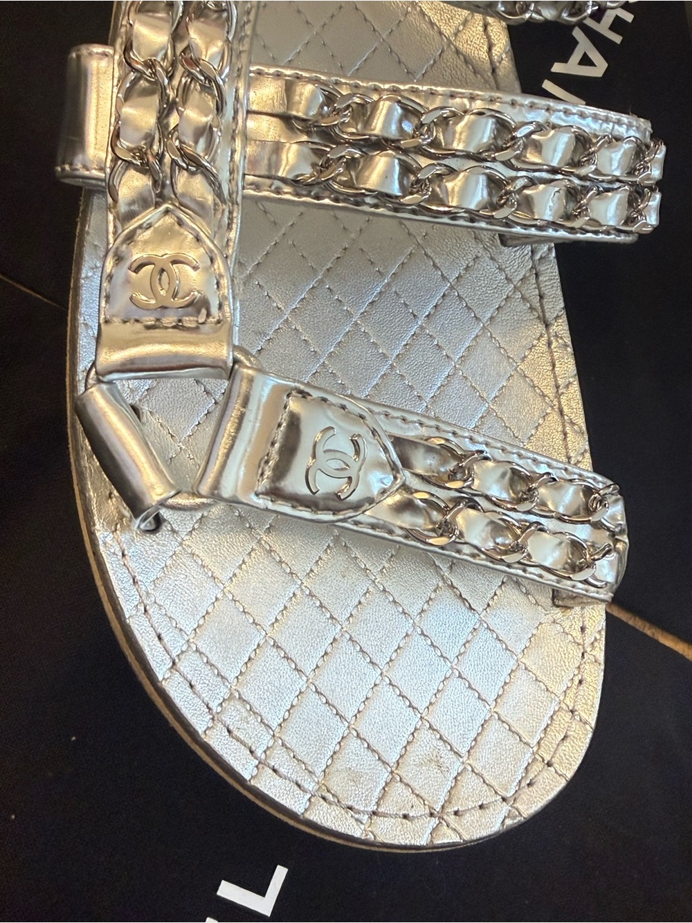 CHANEL Silver Quilted Leather Chain-Strap Sandals - Picture 5 of 6